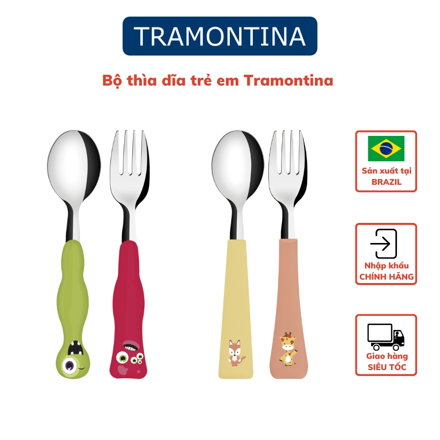 Bộ Thìa Dĩa Trẻ Em 2 Món Tramontina Chất Thép Không Gỉ Cao Cấp An Toàn Cán Nhựa PP Sản Xuất Tại Brazil