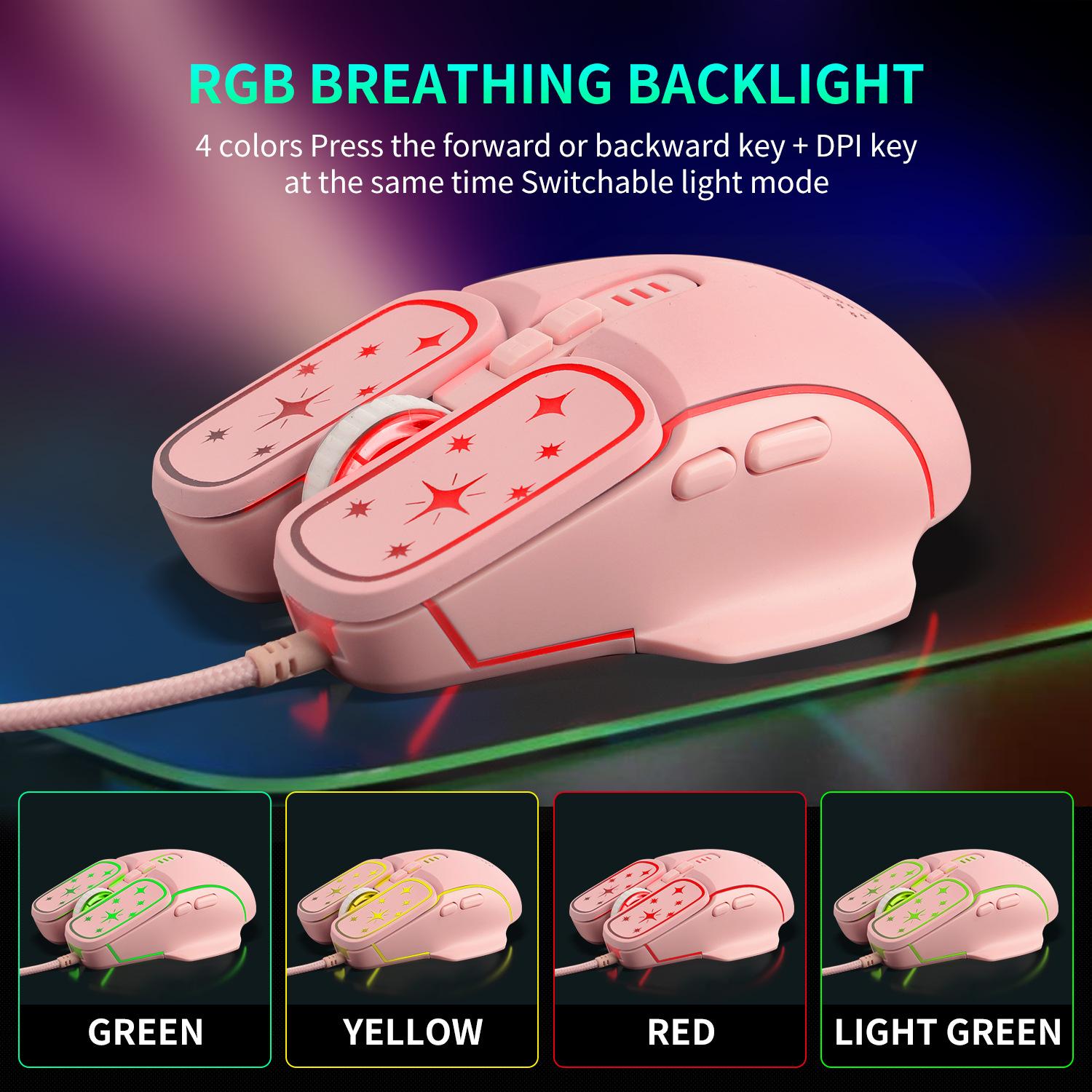 Hồng Chuột Chơi Game Ngôi Sao Mặt Trăng Đèn Nền RGB Bên Trong Thời Trang Đẹp 7200Dpi 4 Mức DPI Có Dây Cô Gái Xinh Đẹp Chuột