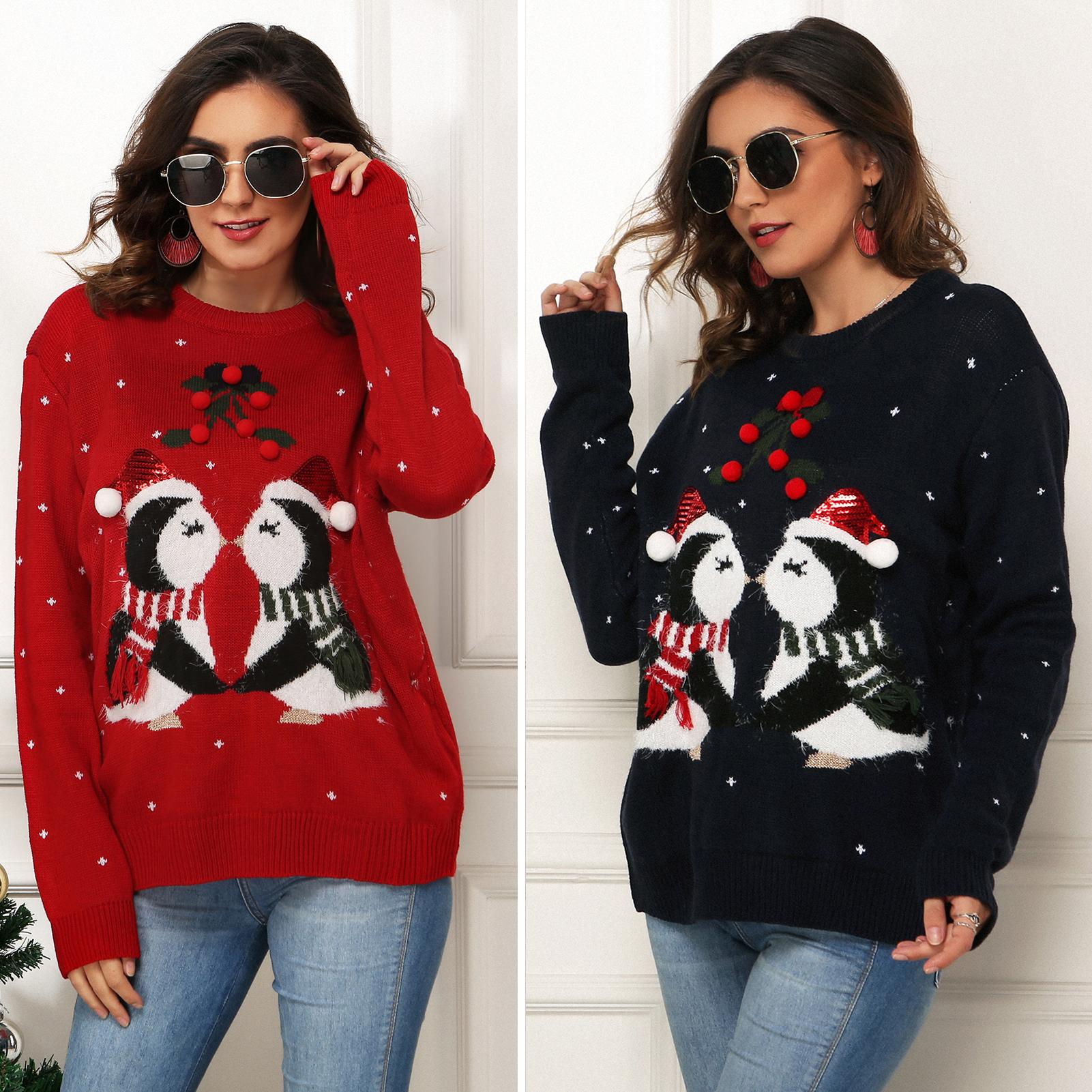 Fashion Women Winter Knitted Sweater Christmas Penguin O Neck Long Sleeve Loose Casual Pullover Knitwear