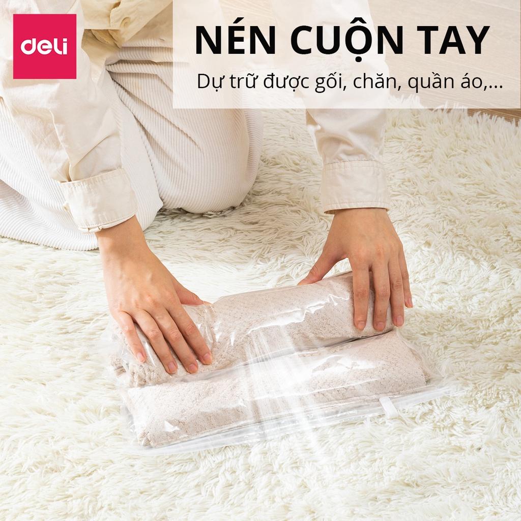 [KHÔNG CẦN DÙNG BƠM] Túi Hút Chân Không Đựng Quần Áo, Chăn Ga Gối, Thú Bông Dạng Cuộn Ép Sắp Xếp Vali Deli - Tiết Kiệm Diện Tích Khi Đi Du Lịch, Loại Dày Cao Cấp 2 Lớp Khoá Zip Deli