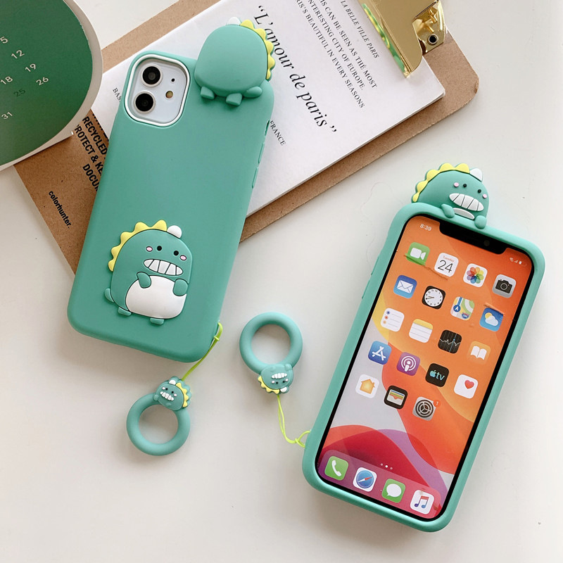 Ốp lưng Silicon cho iPhone 12 Mini / 12 / 12 Pro / 12 Pro Max Khủng Long Xanh Kèm Móc Ring