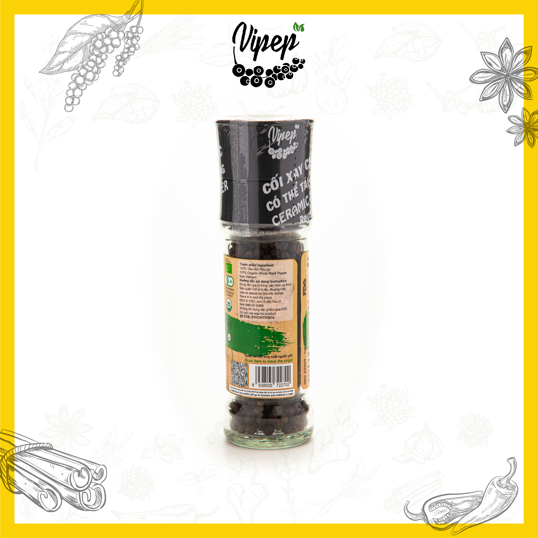 Tiêu Đen Hạt Farmers' Organic Cối Xay Vipep Hũ Thủy Tinh 55g
