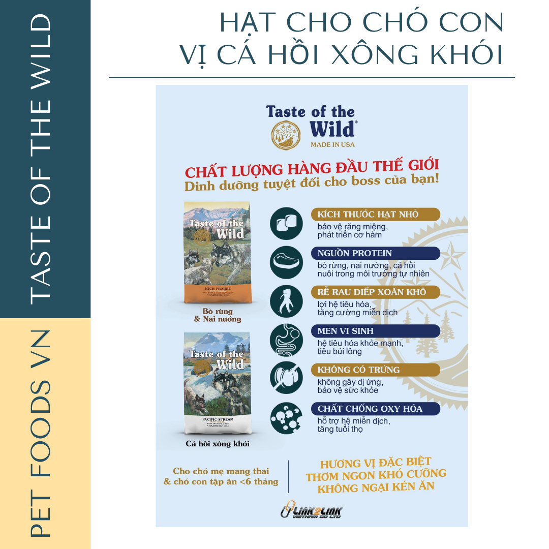 Hạt cho chó con TASTE OF THE WILD Pacific Stream Puppy vị Cá Hồi Xông Khói