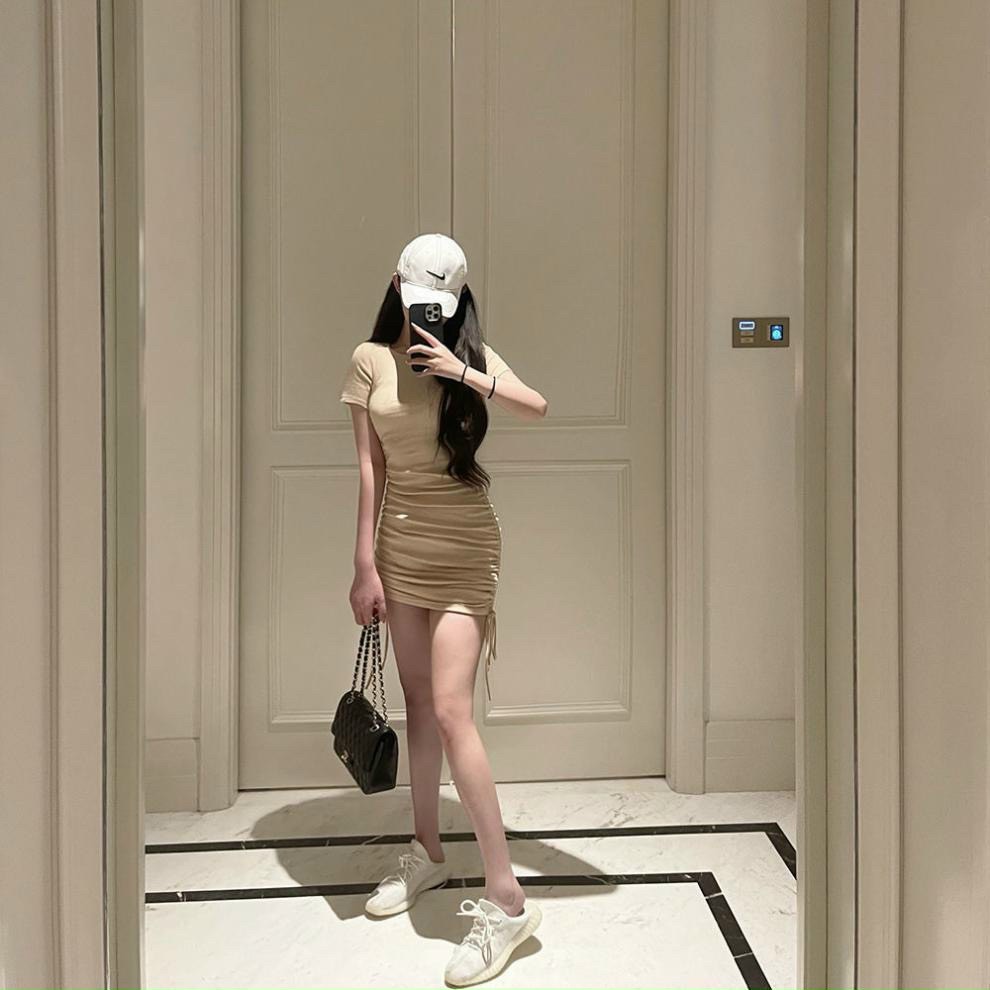Đầm ôm body rút dây tay ngắn cổ tròn 2 màu siêu xinh chất thun gân dày mịn co dãn tốt mặc thỏa mái