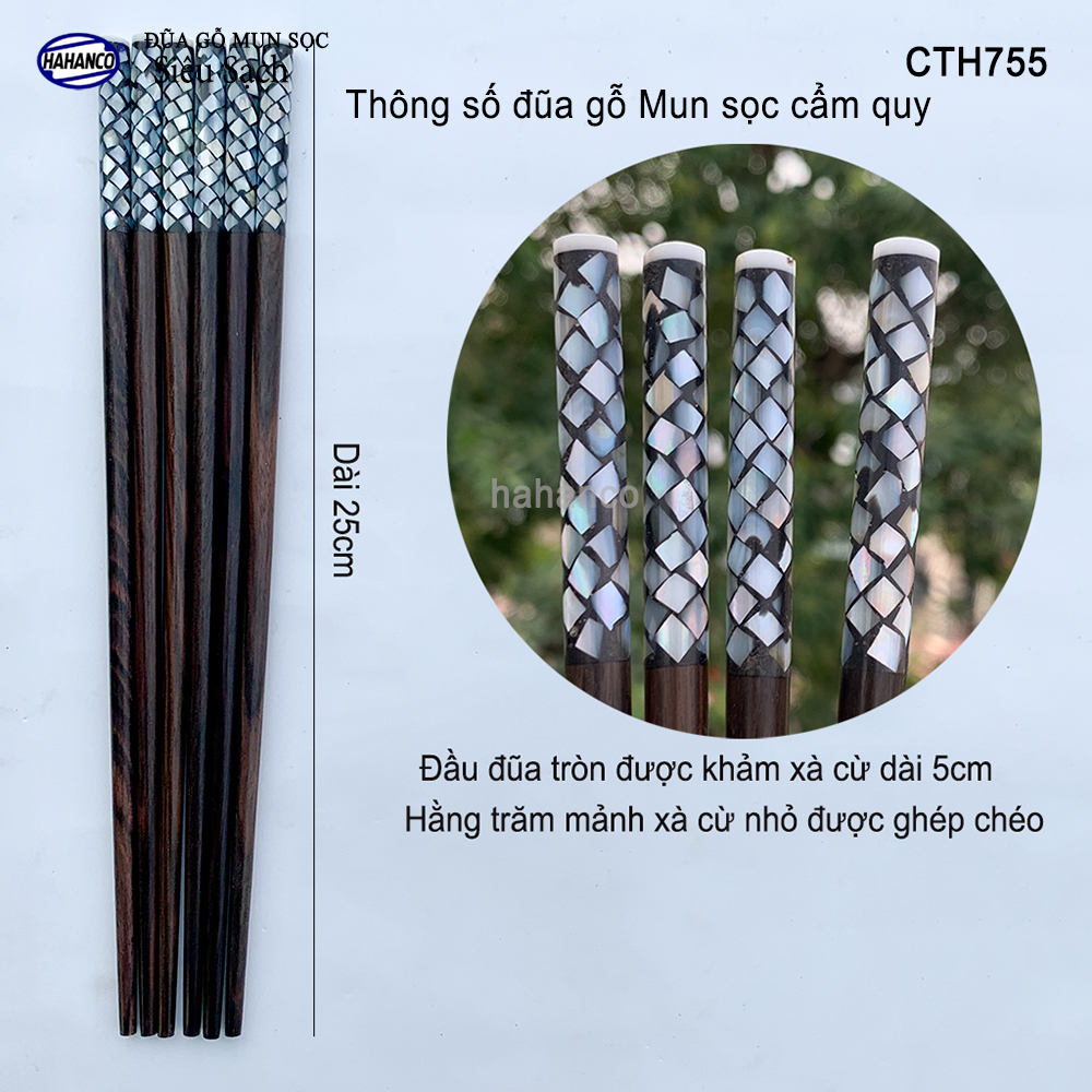 Đũa gỗ Mun Sọc đầu cẩm xà cừ đẹp (10 đôi) CTH755 - Đũa mộc /không nhuộm hóa chất