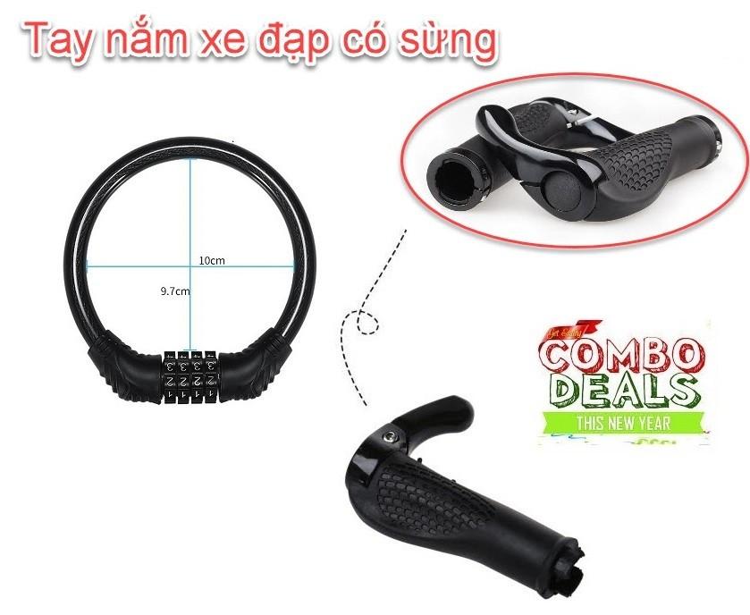 Combo Tay Nắm Cao Su Xe Đạp Có Sừng và khóa chống chộm xe đạp 4 số đổi mã