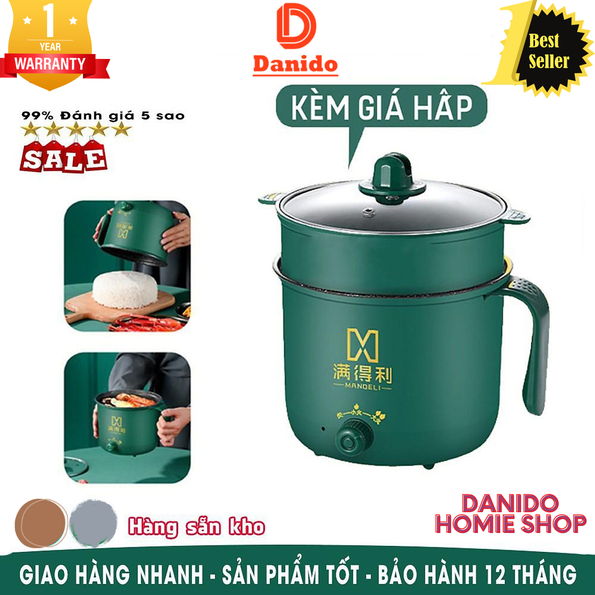 Nồi điện đa năng 1.3 Lít, nồi lẩu mini, ca nấu mì cao cấp 2 tầng - Nồi điện với 2 nấc nhiệt thế hệ mới có tay cầm - Hàng chính hãng D Danido (Logo hình ngẫu nhiên)