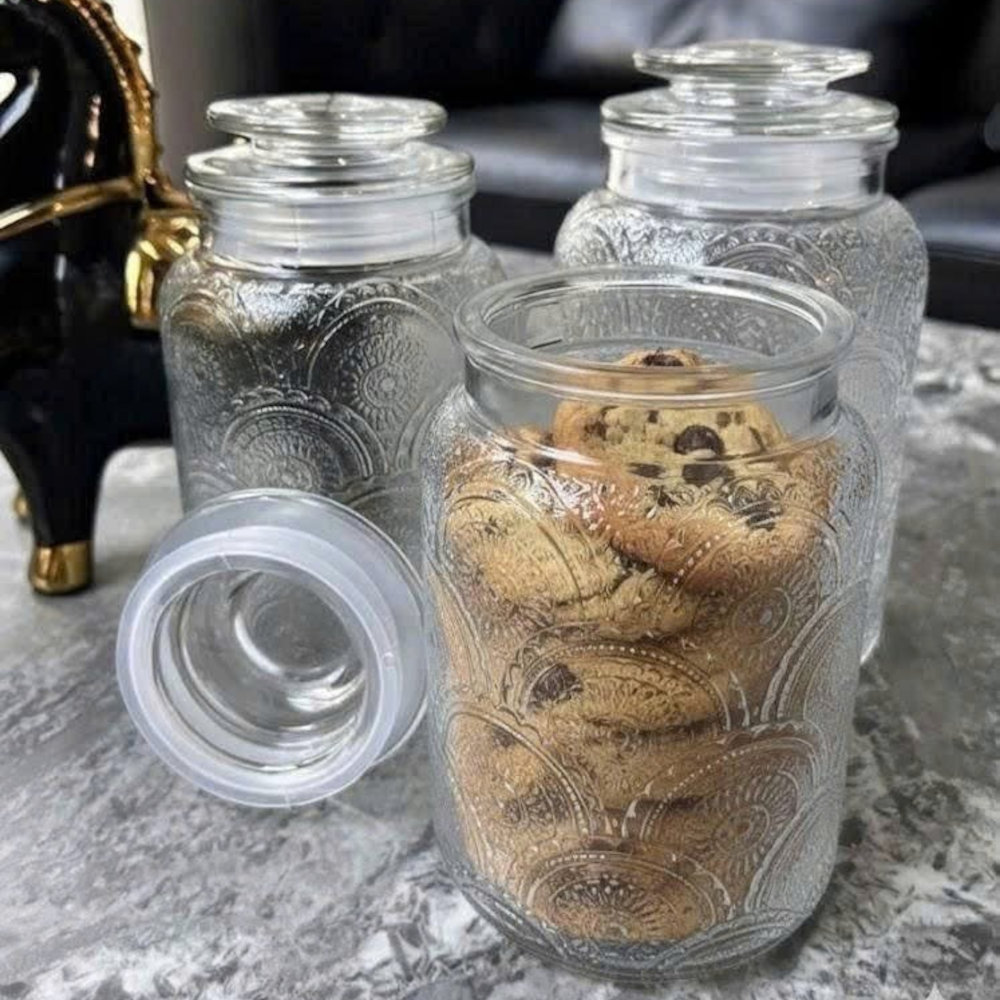 Bộ 3 Hũ Thủy Tinh Đựng Thực Phẩm Lê Bên Làng LBL1210, Nắp Kín, Hoa Văn, Dung Tích 1L, 1.3L, 1.5L