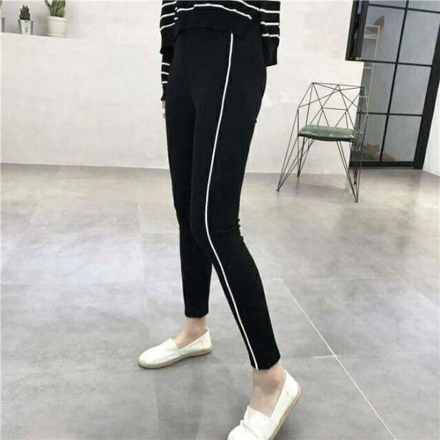 Thời trang quần legging 1 sọc trắng nhỏ chất cotton