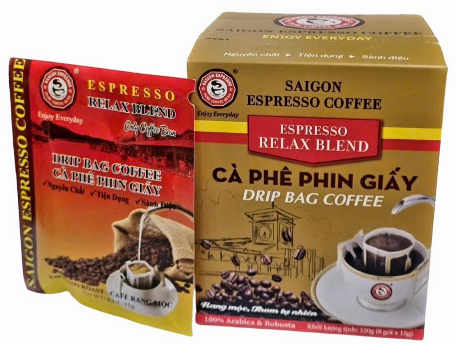 Cà phê phin giấy Relax Blend -Saigon Espresso - KLT: 120g/Hộp; (8 gói x15g) - Rang mộc, 100% cà phê nguyên chất, không hương liệu, vị đậm đà, chua nhẹ, thơm tự nhiên, với phong cách pha hiện đại và sành điệu