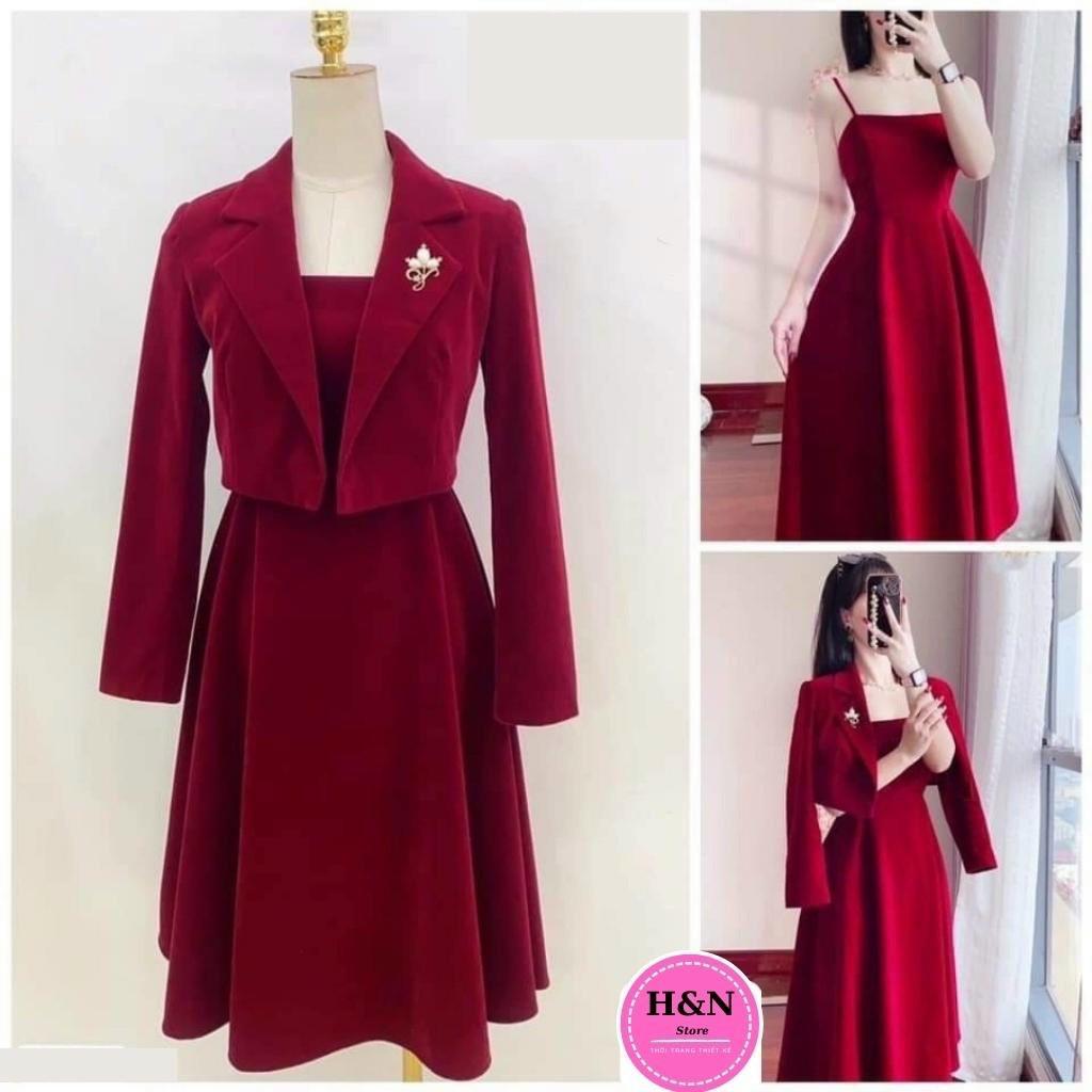 Sét đầm nữ 2 dây from xòe dáng dài kèm áo khoác vest ngắn ngoài, sang trọng, thanh lịch cho quý cô dự tiệc siêu xinh