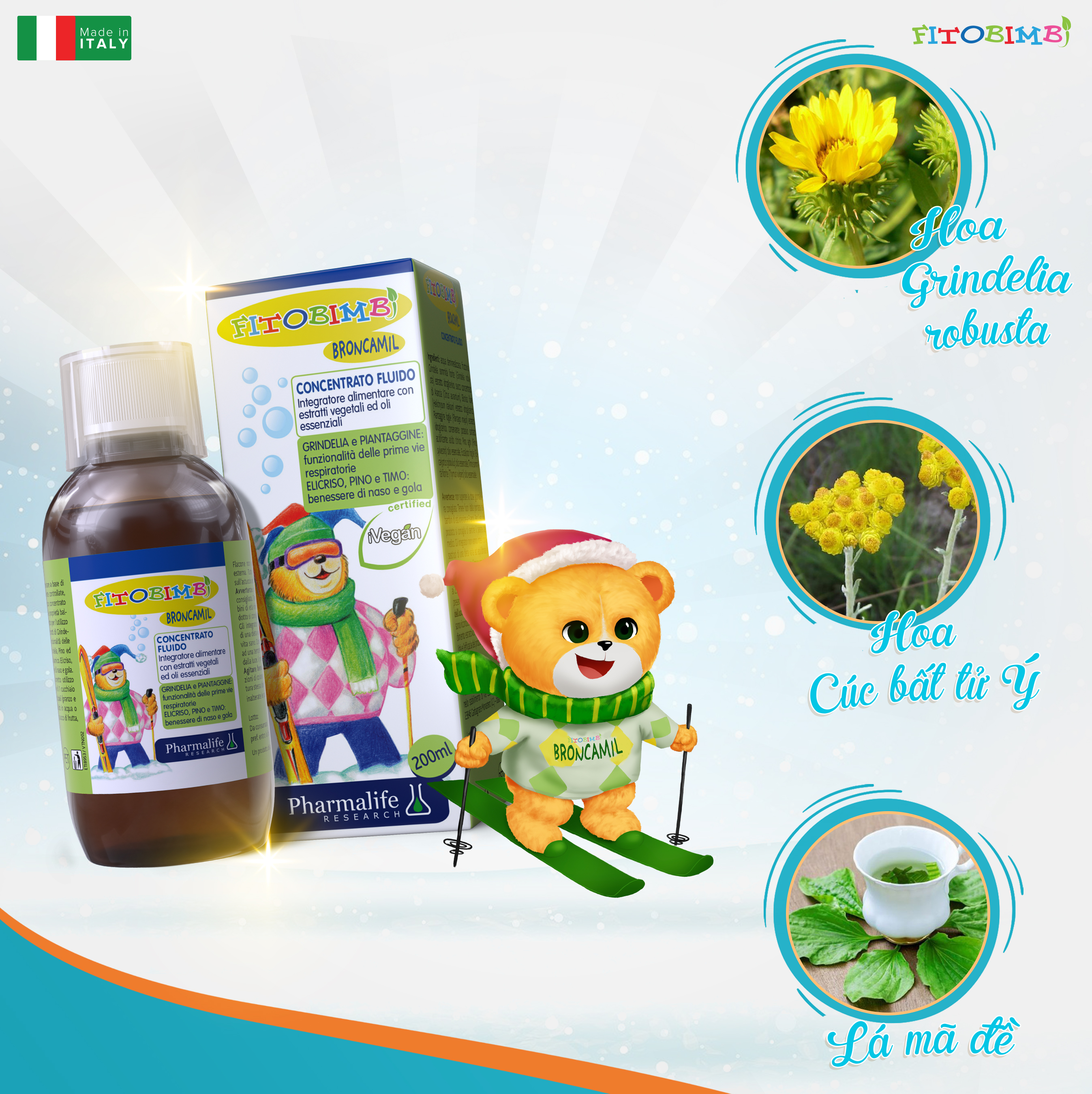 FITOBIMBI BRONCAMIL – SIRO THẢO DƯỢC CHUẨN HÓA CHÂU ÂU GIẢM HO 3 TRONG 1 CHO TRẺ (200ml)