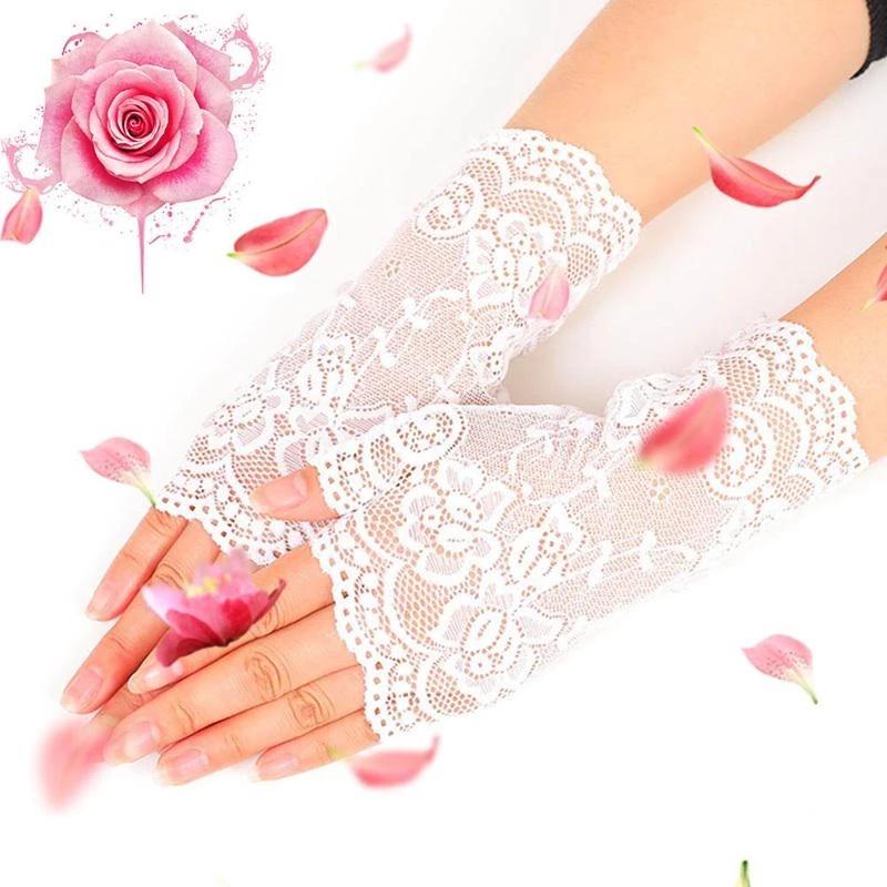 Găng Tay Ren Hở Ngón Hai Màu Trắng Đen Chống Nắng Dùng Khi Lái Xe Mùa Hè Cho Nữ
