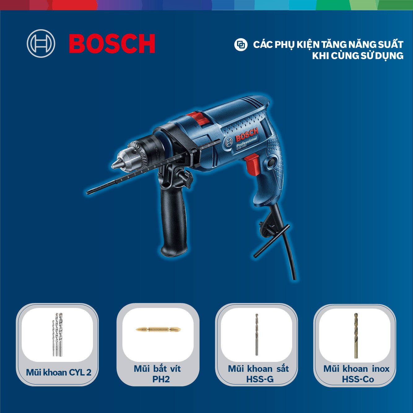 [Coupon 30K đơn 459K] Máy khoan động lực Bosch GSB 550 550W - Tặng bộ phụ kiện FREEDOM 90 chi tiết