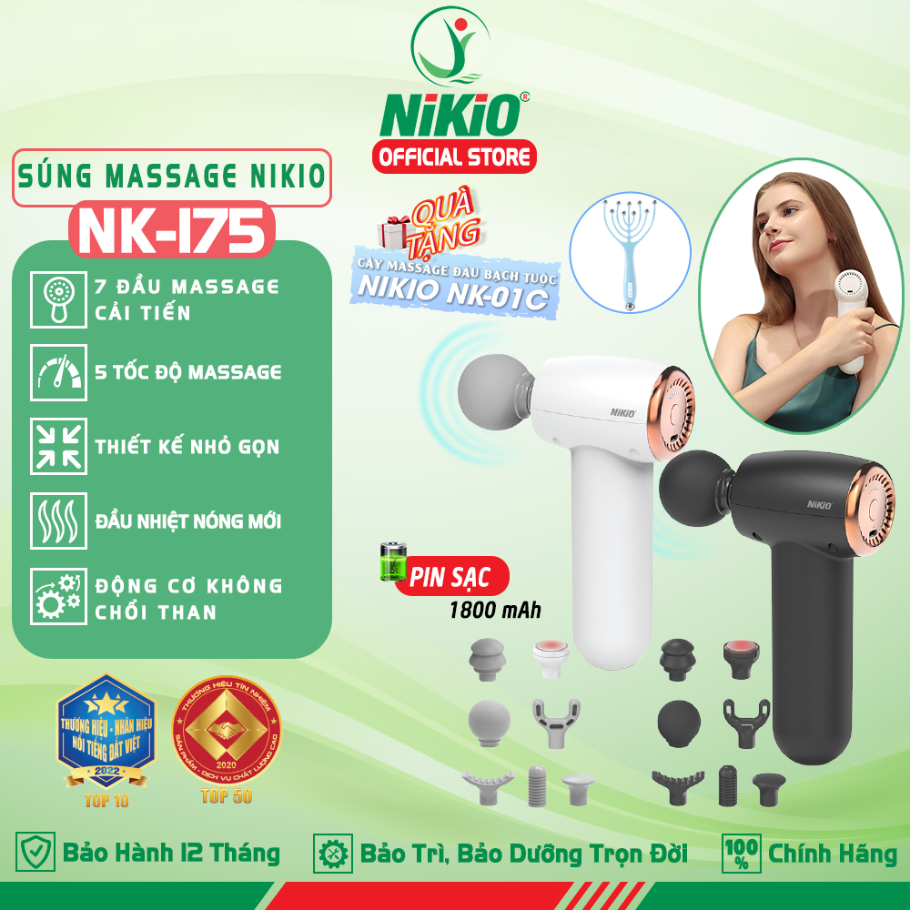 Súng Máy Massage Cầm Tay Nikio Nk - 175 - Dòng Siêu Mini Nhỏ Gọn Tiện Lợi, 7 Đầu Mát Xa Thay Đổi, Có Đầu Nhiệt Nóng 55 Độ C Hỗ Trợ Giãn Cơ Chuyên Sâu, Làm Giảm Đau Nhức Cơ Bắp Hiệu Qủa - Dòng Pin Sạc - Màu Đen