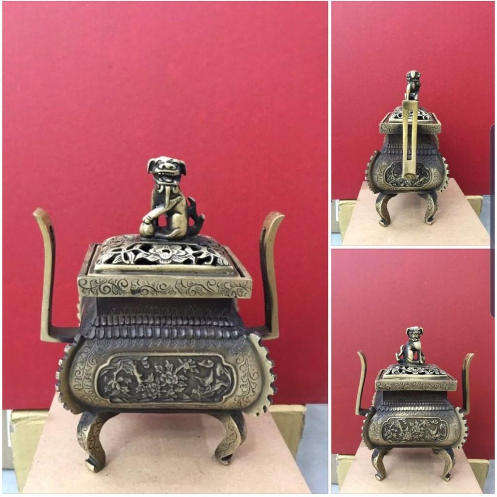 Lư xông trầm vuông nắp nghê bằng đồng MS60