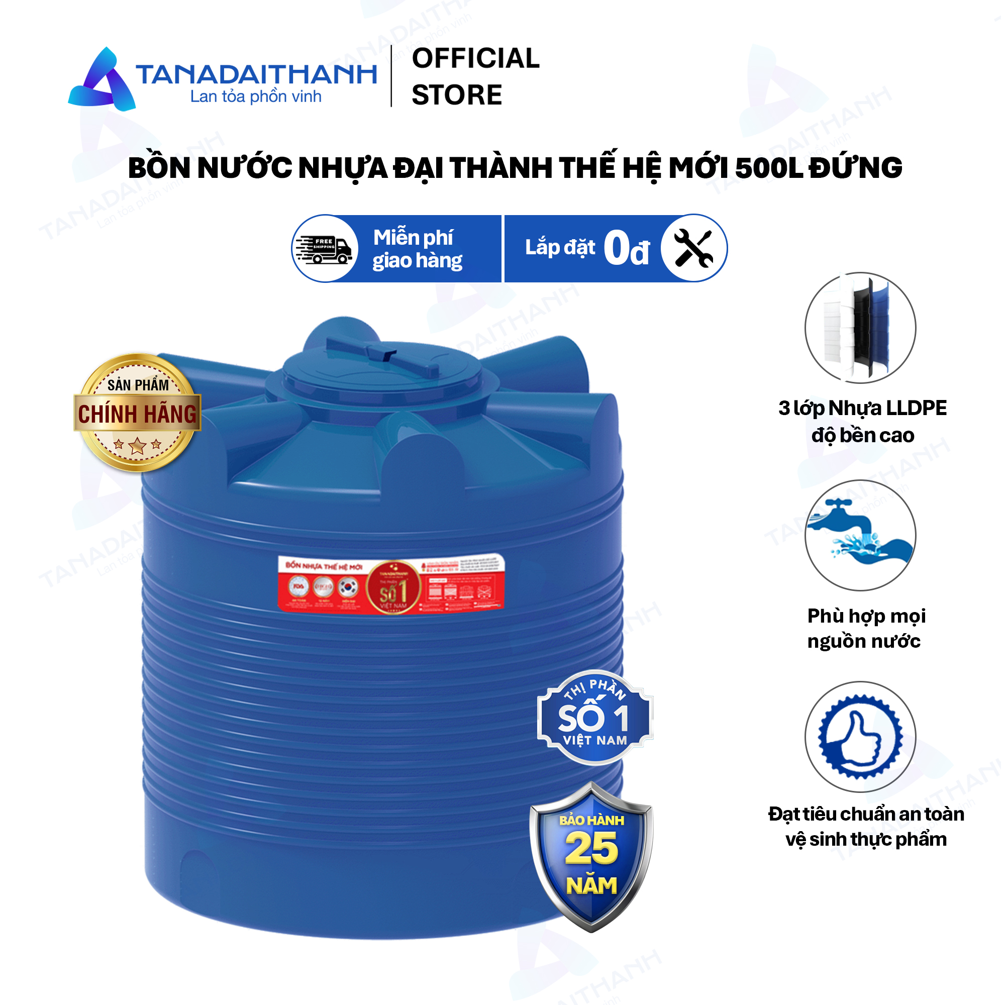 Bồn nước nhựa Đại Thành Thế Hệ Mới 500L 1000L 1500L 2000L Đứng - Hàng chính hãng, bảo hành 25 năm (Chỉ bán tại khu vực miền Nam)