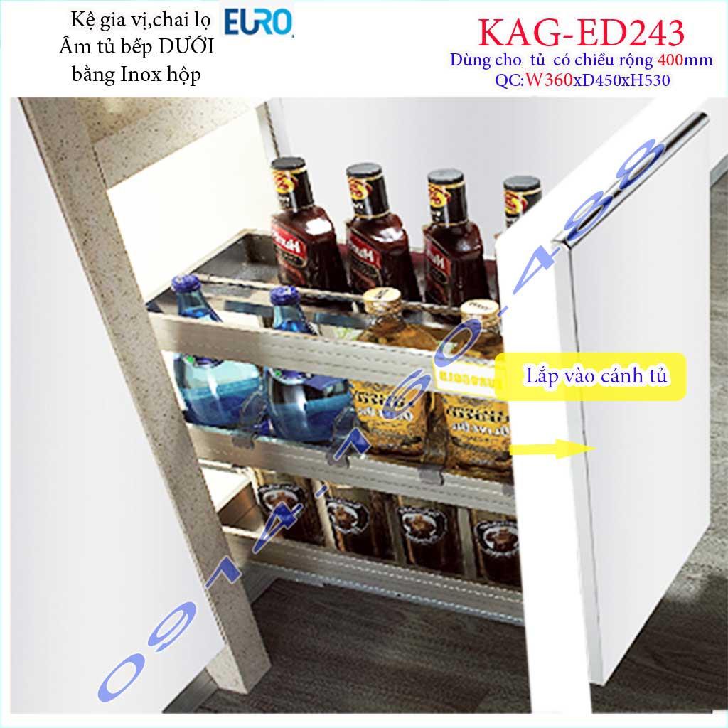 Kệ Gia vị KAG-ED243-40cm, kệ đựng gia vị Euro Inox hộp cao cấp ray giảm chấn âm tủ bếp 30cm