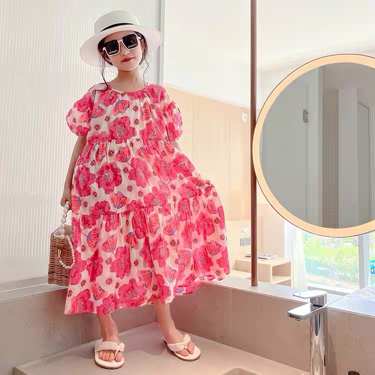 Váy hè bé gái cộc tay 1-10 tuổi in hoa đỏ tràn váy, Đầm suông cho bé hàng thiết kế vải thô nhẹ thoáng mát