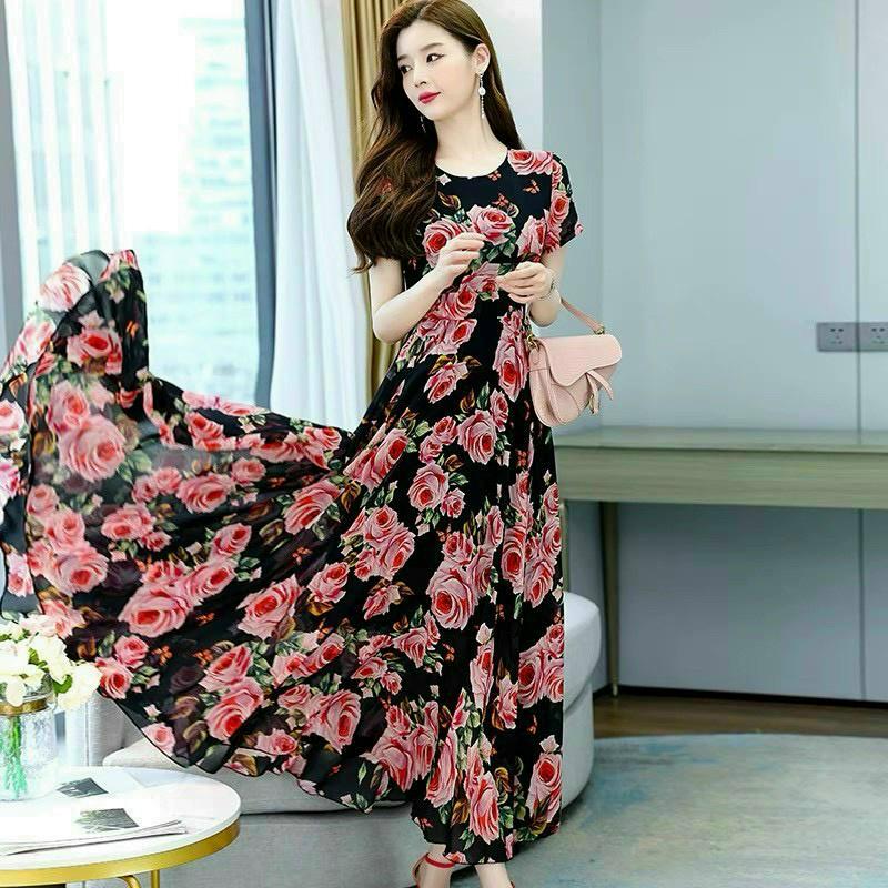 Đầm maxi voan hoa hồng 2 lớp cao cấp