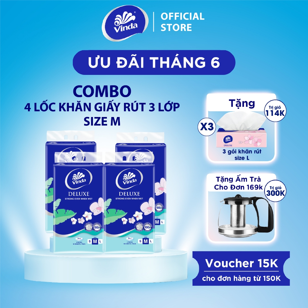 [MUA 4 LỐC KHĂN RÚT SIZE M TẶNG 3 GÓI KHĂN RÚT SIZE L] Khăn giấy rút cao cấp Vinda Deluxe 3 lớp 90 tờ size M (5 Gói)