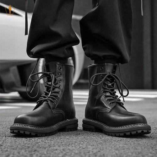 Giày da nam TRAZ combat boot cổ lửng buộc dây đế chunky khâu chắc chắn, cao cổ độn đế tăng chiều cao bằng cao su