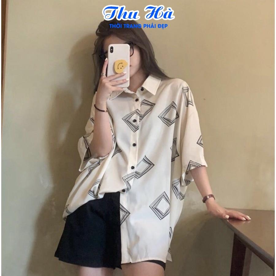 Áo sơ mi nữ form rộng tay lỡ Thu Hà sơ mi kiểu chất liệu đũi trơn mịn mát in hình Ô Vuông Đen Trắng