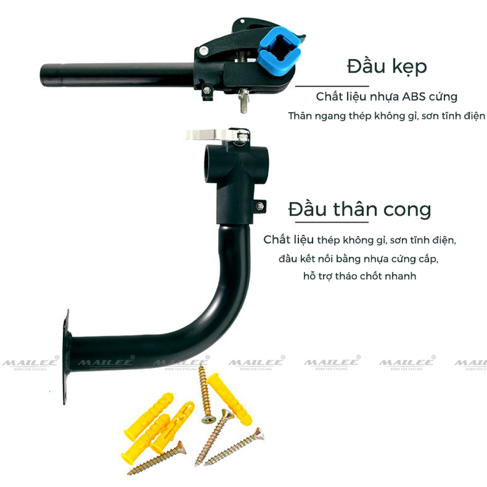 Khung Treo Tường Xe Đạp Cong HS-006 Địa Hình Đường Trường Giá Đỗ Sửa Chữa Phụ Kiện, Thép Không Gỉ Tiết Kiệm Không Gian, chịu tải 30 kg, Khóa chốt nhanh tiện lợi, cần xoay ngang trái phải 180 độ, phù hợp nhiều loại xe - Mai Lee