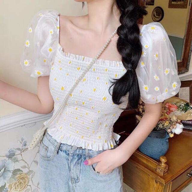 Áo kiểu nhún phối lưới in hoa cúc