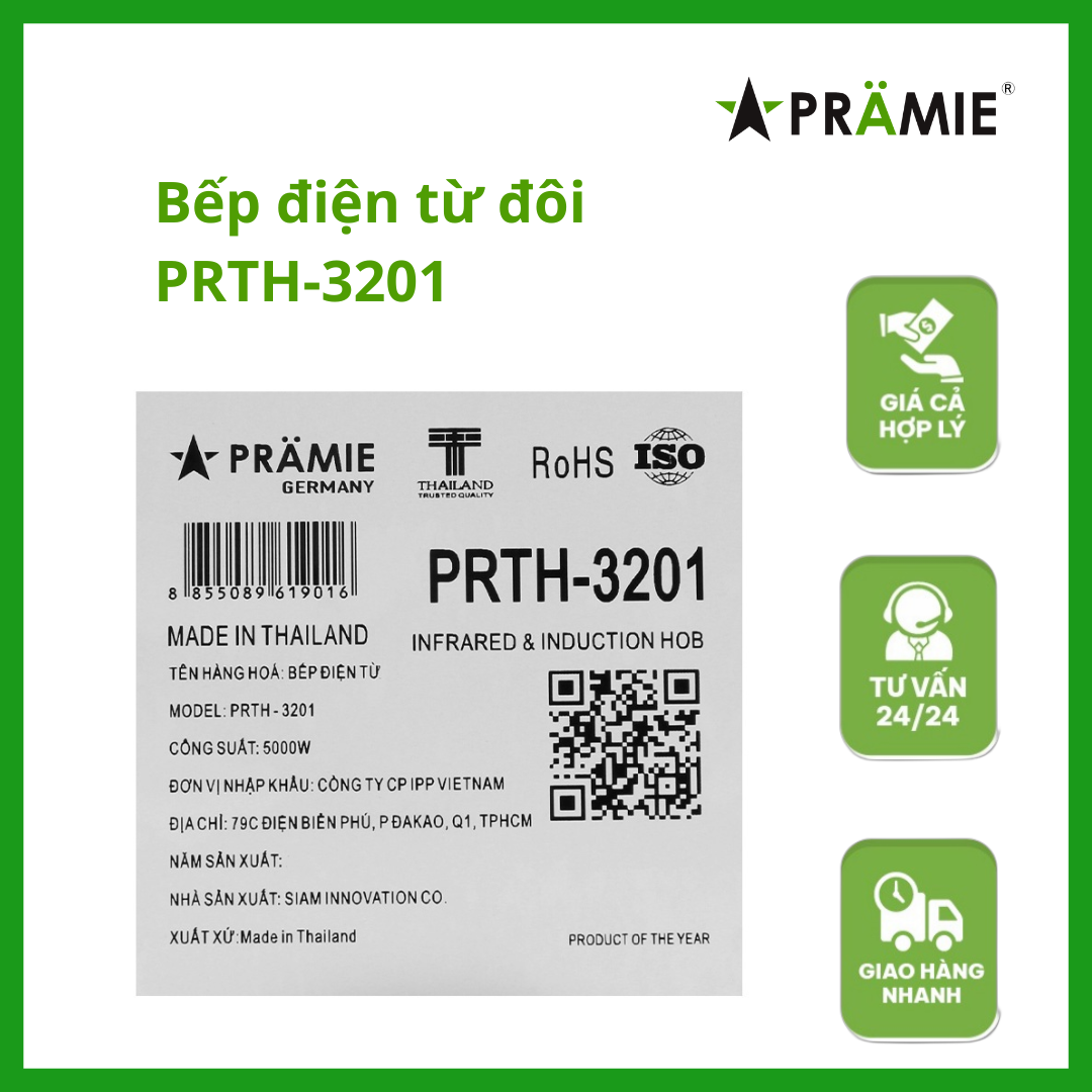 Bếp điện từ ba Pramie PRTH - 3201_Hai từ một hồng ngoại_Hàng nhập khẩu Thái Lan