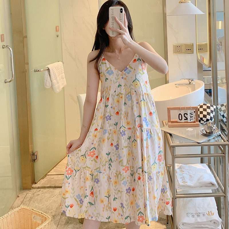 Váy 2 dây cho nữ mặc nhà vải lanh mềm mát, dáng xòe, nhiều họa tiết, freesize từ 45 đến 75 kg
