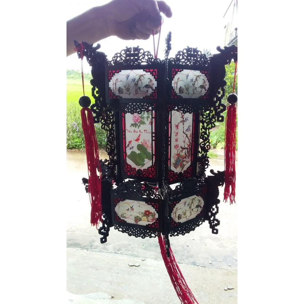 Đèn lồng nhựa giả gỗ lục giác 6 cạnh in hoa văn nhiều size