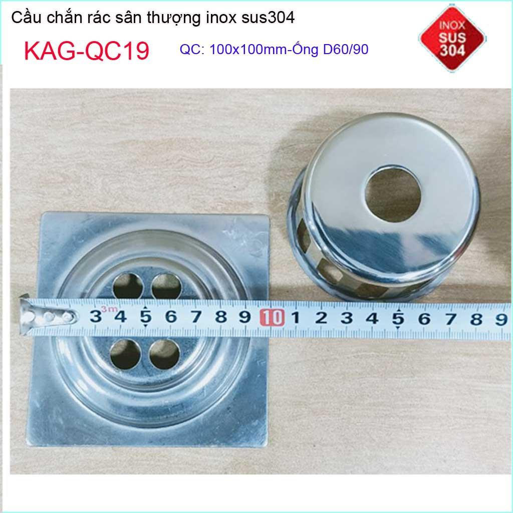 Cầu chắn rác đế vuông 10 x 10cm D60 KAG-QC19, thoát nước sân thượng SUS304 ống 6cm thoát nhanh chắn rác tốt