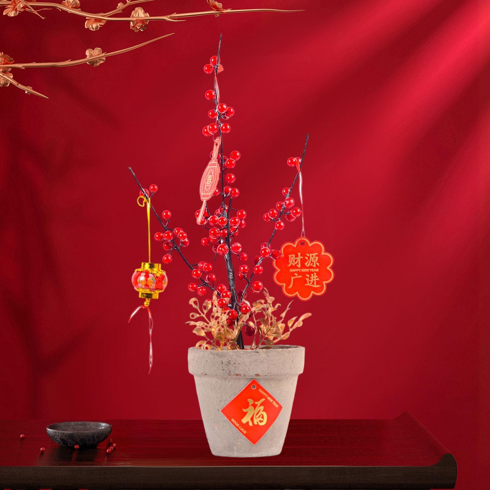 Chinese New Year Ornaments Holiday Desk Bonsai Spring Festival Table Centerpiece Red Lucky Character Pendants for Porch Desk Entryway Office