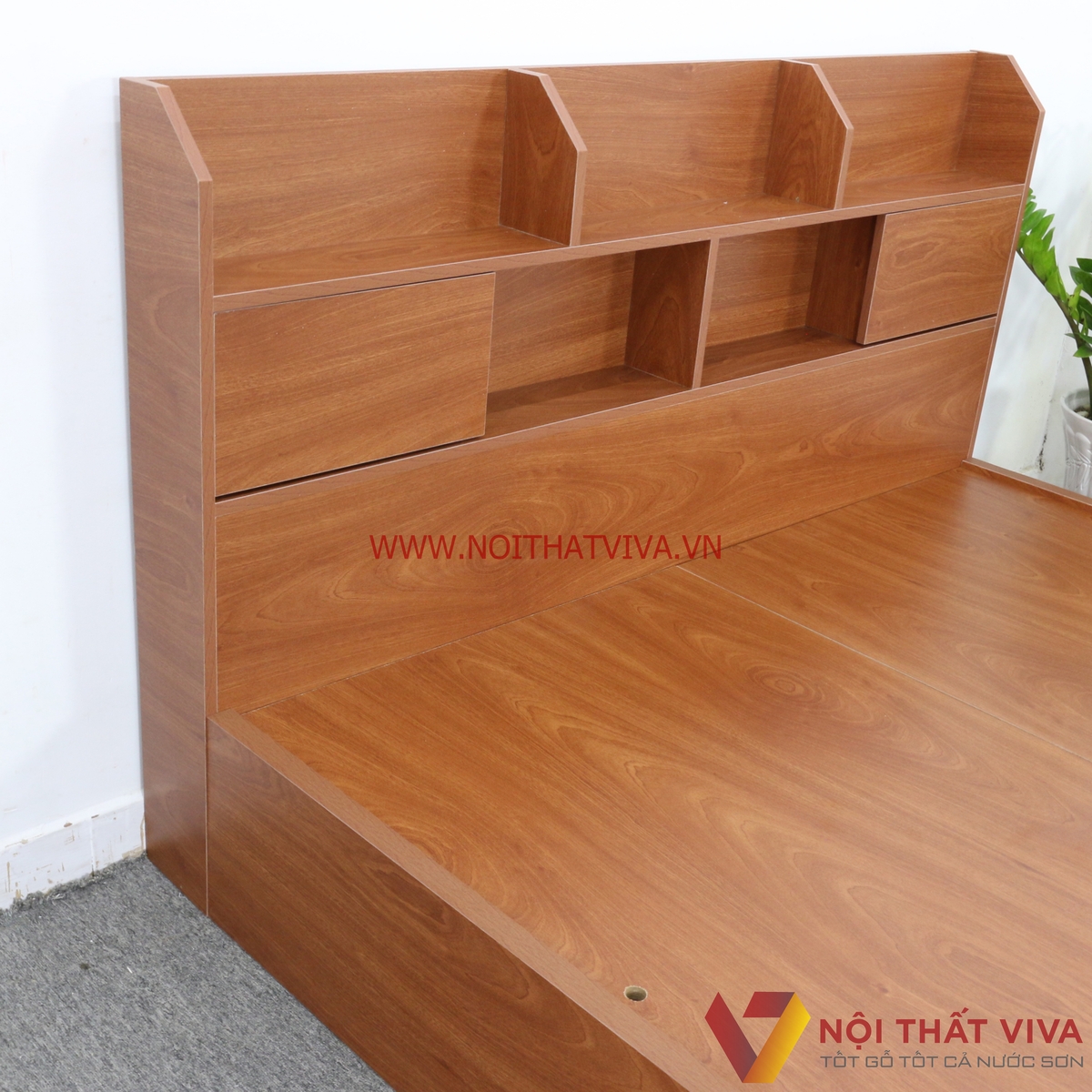 Giường Ngủ Gỗ MDF Melamine Màu Xoan Đào Có Kệ Trang Trí Đẹp Giá Rẻ