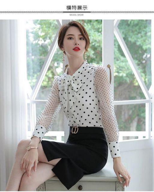ÁO SƠ MI NỮ CHẤM BI TAY LƯỚI CAO CẤP