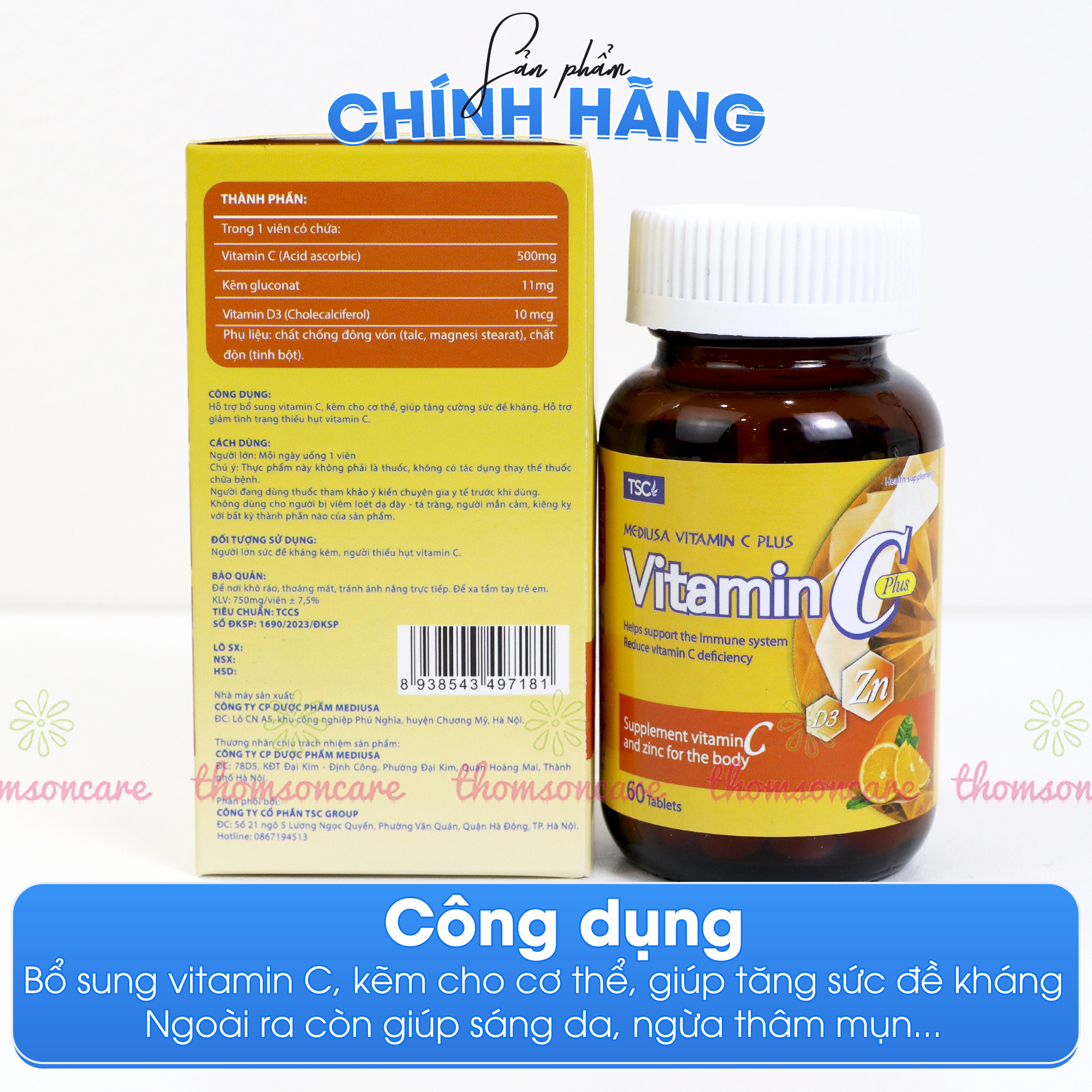 Combo trắng da Lcystine 60v và  Vitamin C có thêm Kẽm Mediusa 60v -  Liệu trình 2 tháng - giúp đẹp da, ngừa mụn , chống lão hóa da, da sáng min , tăng đề kháng cho cơ thể . bổ sung Vitamin C và Kẽm cho cơ thể - Thomsoncare