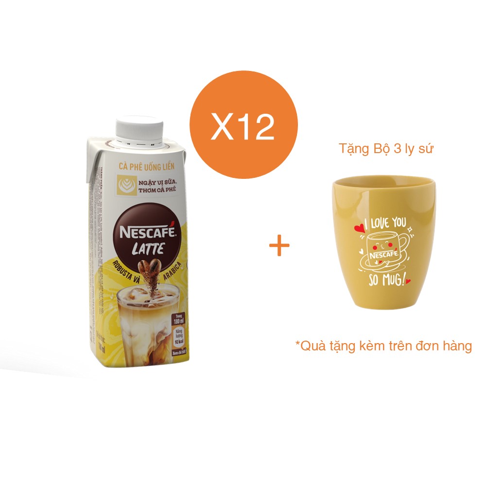 Combo 12 hộp cà phê uống liền Nescafé Latte (hộp 180ml) - [Tặng bộ 3 ly sứ]