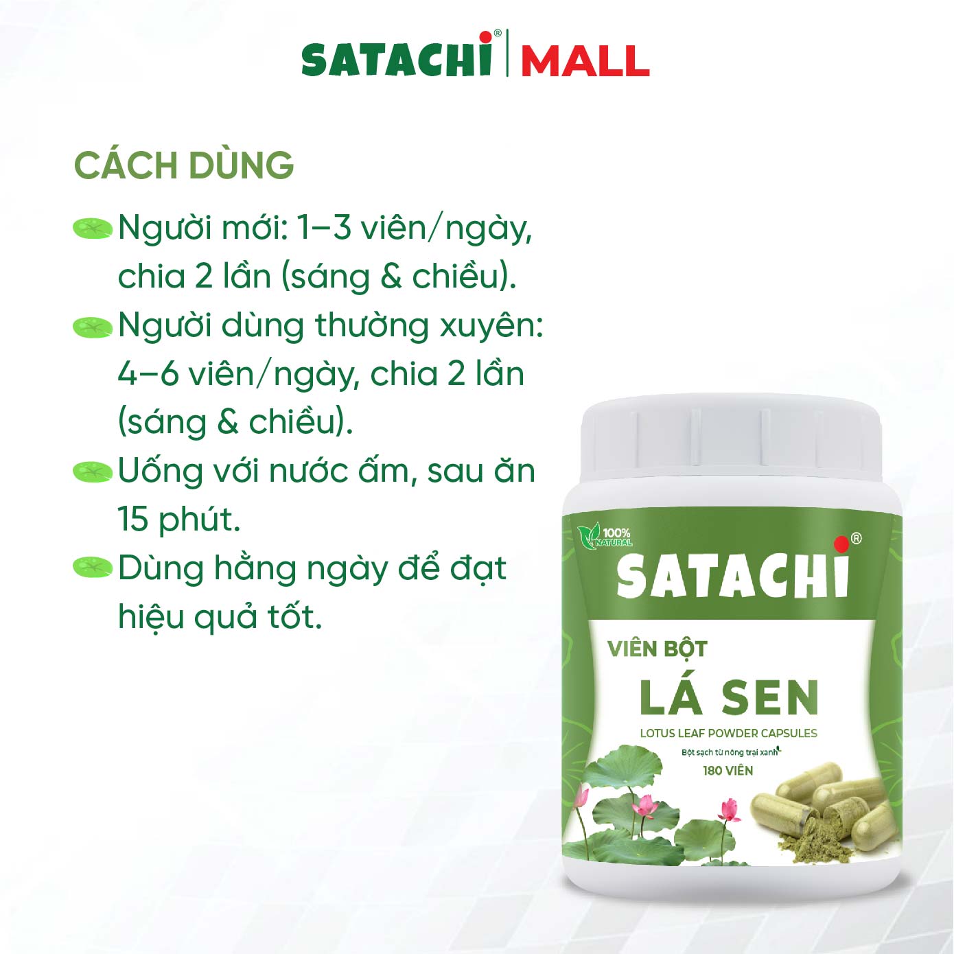 Viên Bột Lá Sen Nguyên Chất SATACHI – 100% Lá Sen – Dạng Viên Tiện Lợi – Hộp 180 viên