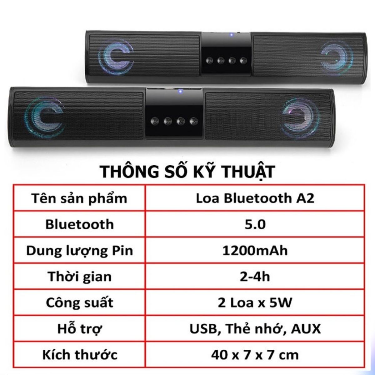 Loa Bluetooth A2 Nghe Nhạc 2 Loa 5W Công Suất Lớn, Bass Mạnh, Đèn Led Theo Nhạc Và Khe Cắm Thẻ Nhớ, USB, Đài FM