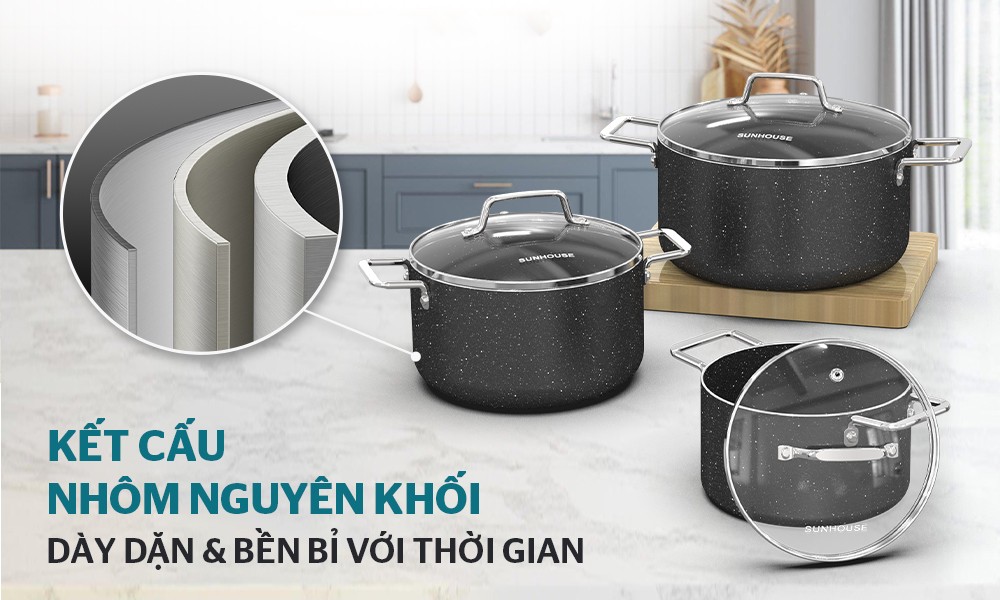 Bộ 3 nồi chống dính siêu bền đá đáy từ Sunhouse SHG7878MB 16-20-24cm dùng trên mọi loại bếp model mới 2023