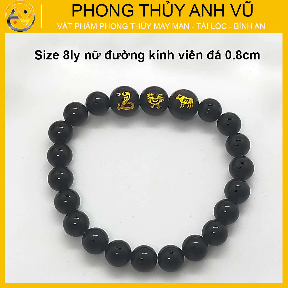 Vòng tam hợp quý nhân tỵ dậu sửu đã khai quang - chất liệu mã não đen tự nhiên - size 8 10 12ly - may mắn tài lộc - Vòng Tam Hợp Anh Vũ