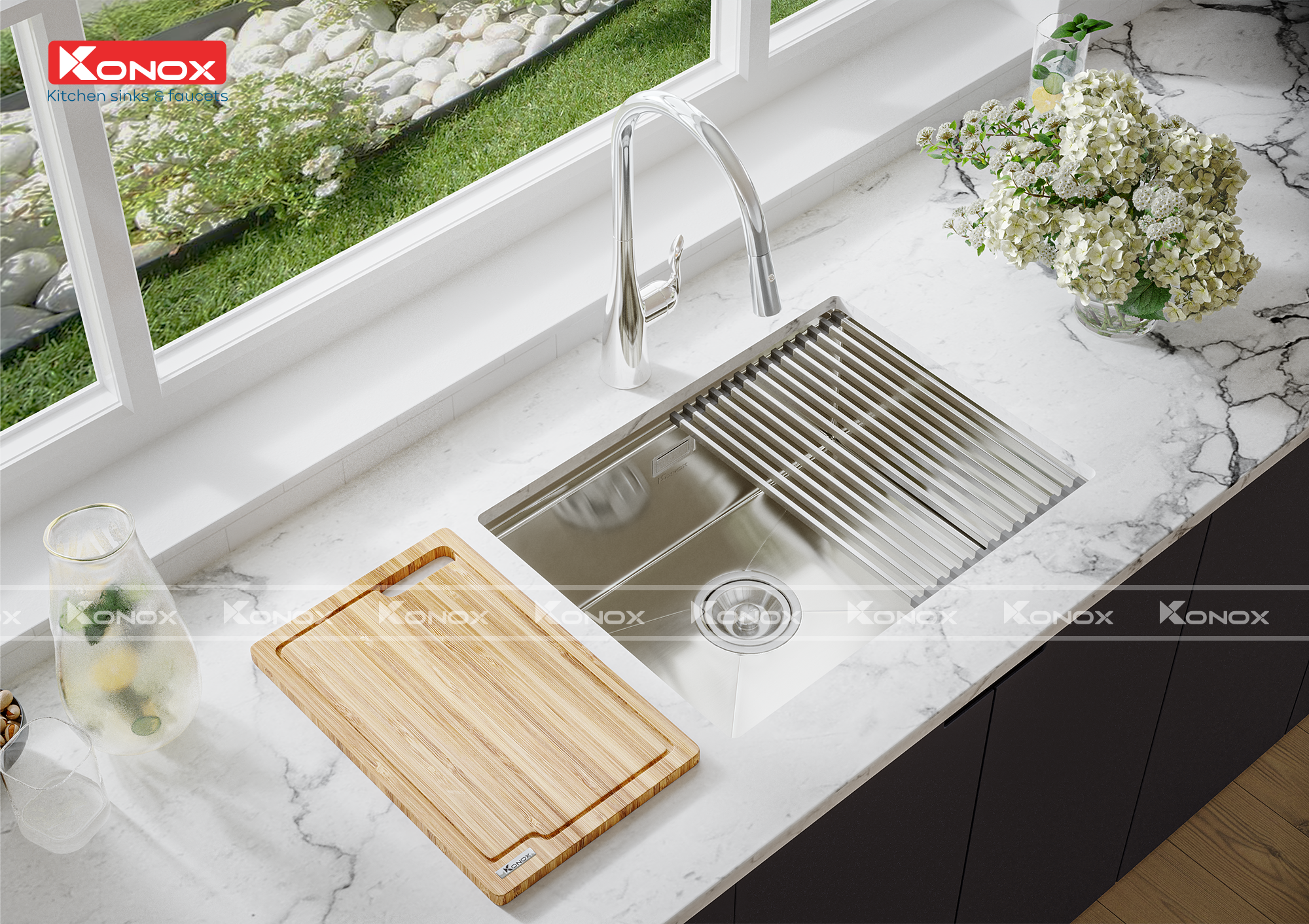 Chậu rửa bát inox Konox, Undermount Series, Model KN6046SU, Inox 304AISI tiêu chuẩn châu Âu, Hạ bậc tích hợp, 600x455x220(mm), Bảo hành chính hãng 10 năm, Hàng chính hãng