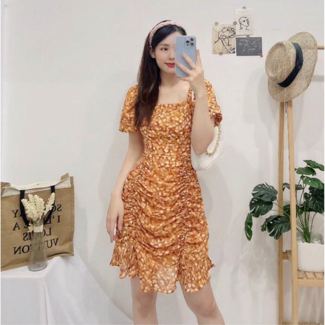 Đầm hoa nhí body đuôi cá, Váy hoa nhí công sở Cao Cấp nhún eo nữ tính quyến rũ, mặc đi chơi đi tiệc - MiNhi