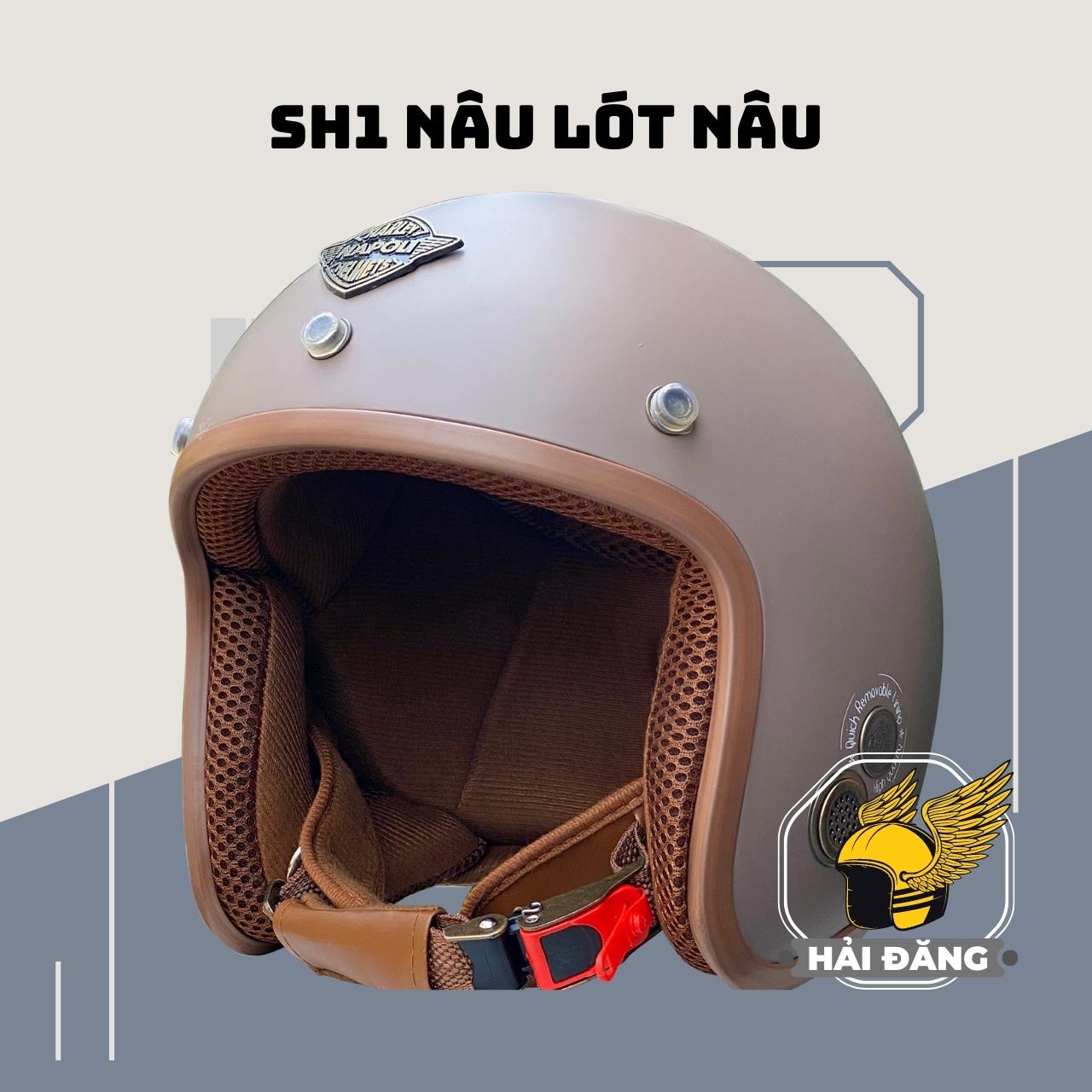 Mũ Bảo Hiểm 3/4 Napoli SH1 Free Size 5-58 cm - Nâu Lót Nâu - Bảo hành 12 tháng