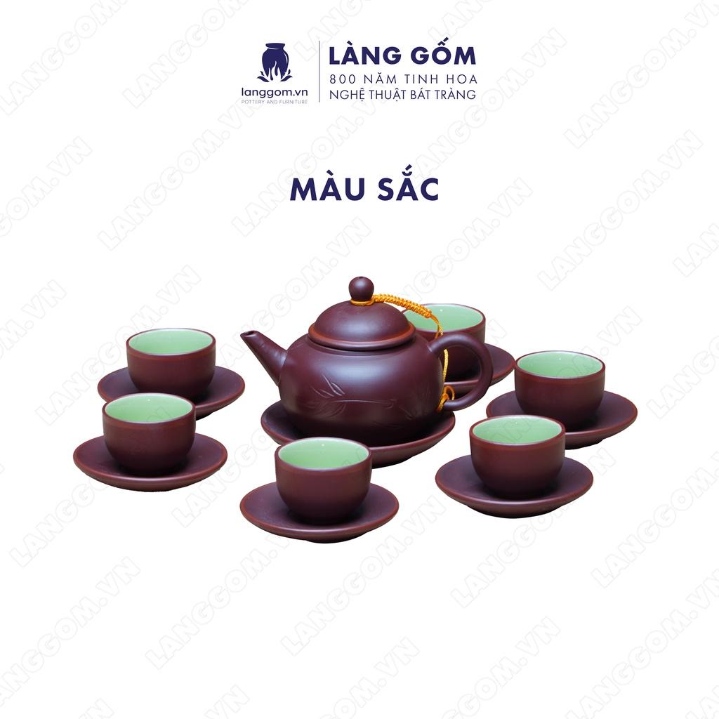 Bộ ấm chén đất nung khắc trúc nhỏ + đĩa tách - Men mộc - Gốm sứ Bát Tràng - langgom.vn