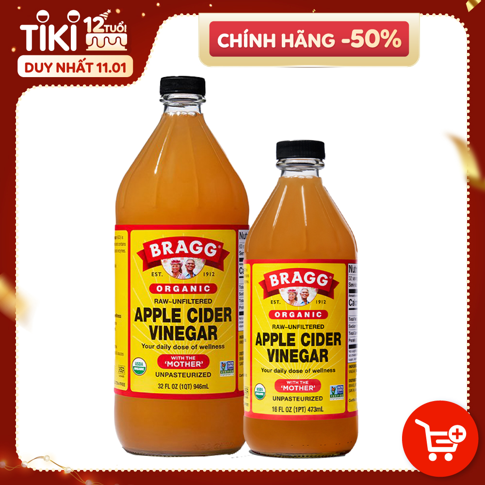 Giấm táo hữu cơ Organic Bragg (1 chai lớn 946ml và 1 chai nhỏ 473ml)