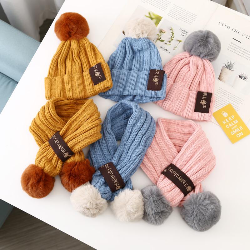 Trẻ Em Mùa Đông Khăn Choàng + Nón Bộ Trẻ Em Sọc Dệt Kim Beanies Với Sang Trọng Cho Bé Trai Và Bé Gái Khăn Giữ Ấm Mũ Lưỡi Trai với Bộ Lông Pompom