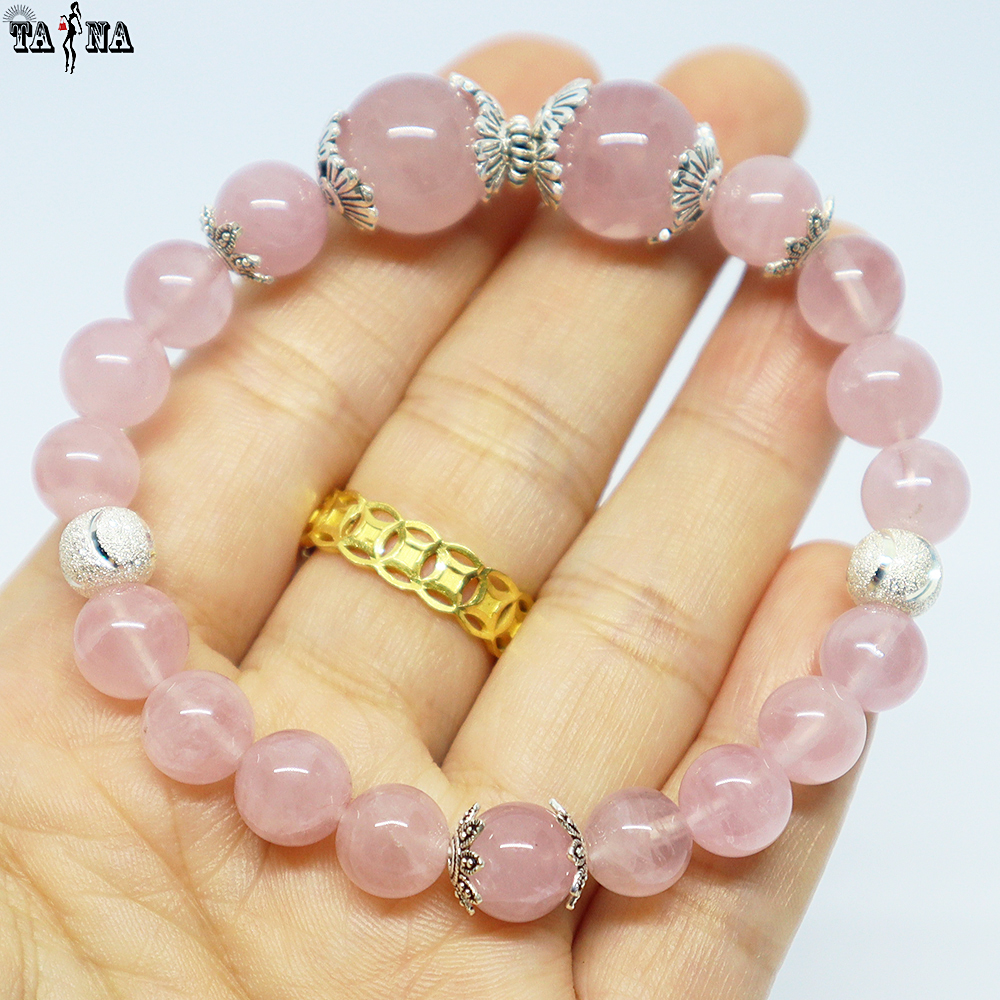 Vòng đá thạch anh hồng 8mm, 12mm 4A charm bạc 925 cao cấp