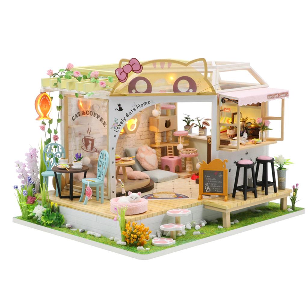 DIY Creative Dollhouse Cat Coffee Shop Kit LED Light Wooden 3D Puzzles